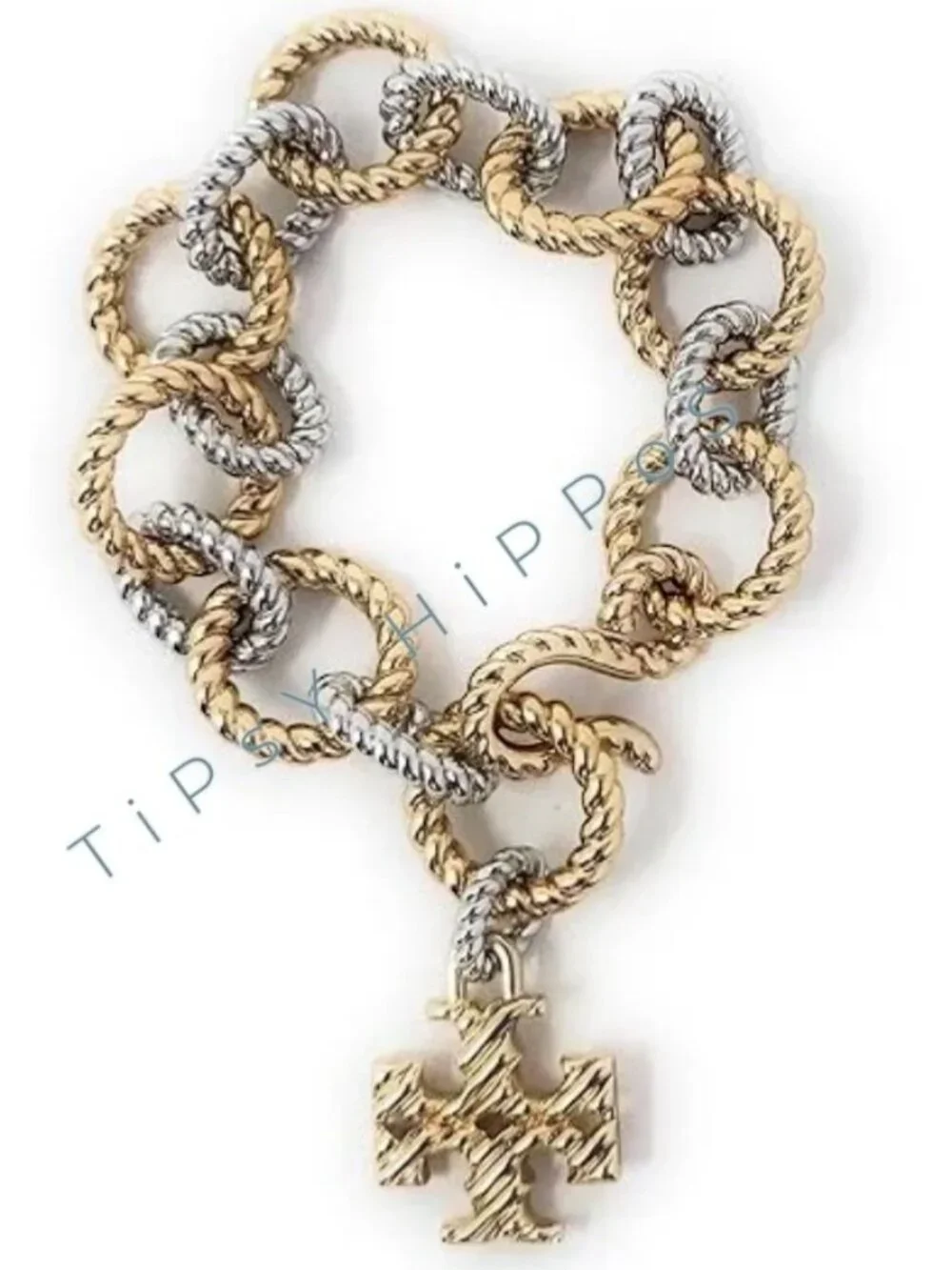 Tory Burch Gold & Silver Twist Rope Chain Bracelet With Logo Pendant In Gift Pou